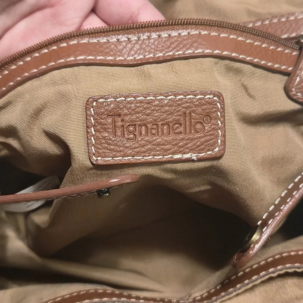 Tignanello Signature Satin Satchel‎ Shoulder Bag Handbag Purse Tan Leather Trim